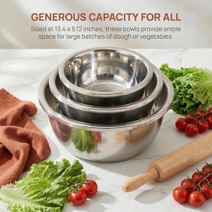 3 Pcs 8.24 Quart Stainless Steel Mixing Bowls, Large Oversized Metal Bowls | For Mixing, Baking, Serving, Marinating, Meal Prep, Home Kitchens And Commercial Use