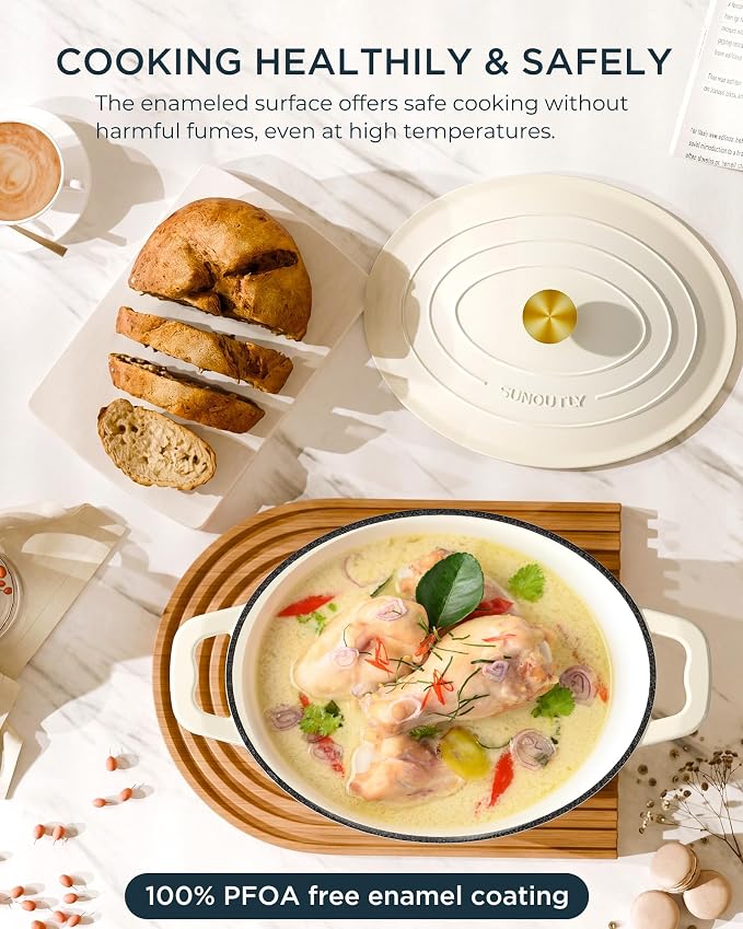 Enameled Cast Iron Dutch Oven - 9.3QT Dutch Oven Pot with Lid & Cotton Potholders - Heavy-Duty Non Stick Casserole Pot for Braising, Stews, Roasting, Baking, Suitable for All Stovetops, Cream White