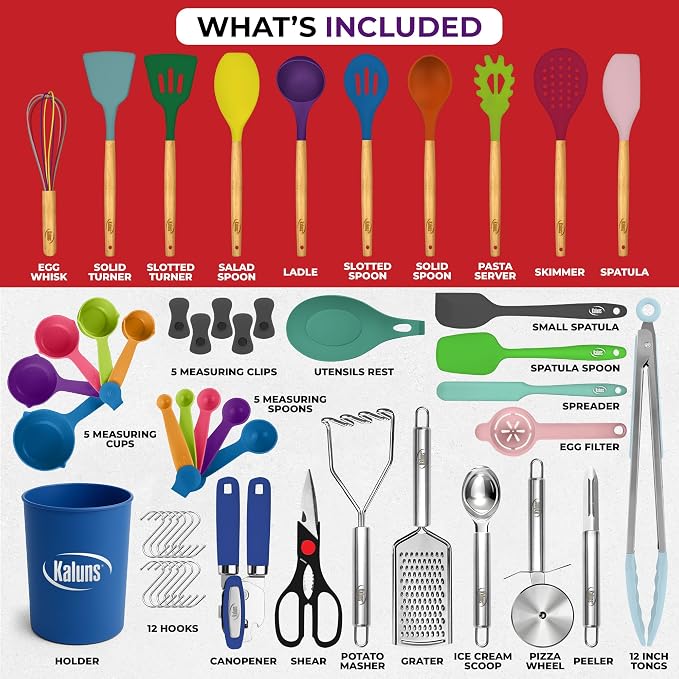 Kaluns 50 PCS Silicone Kitchen Utensils Set Complete Kitchen Set - 800°F Heat Resistant Non-Stick Premium Silicone Cooking Utensils W Wooden Handles - Can Opener, Masher, Turner, Silicone Spatula Set