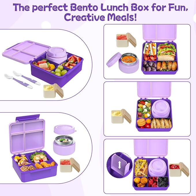 Aimsnk Lunch Box Kids with Thermo Insulated Lunch Bag for School, Purple | Bento Lunch Box for Kids with 8oz Food Jar, Leak Proof Hot Lunch Containers with 4 Compartment, Warm Lunchbox for Toddler