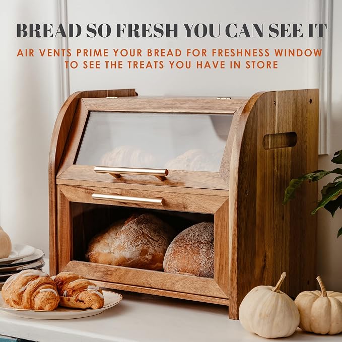 Arise Acacia Wooden Bread Box for Kitchen Countertop, Extra Large 2-Shelf | Bread Storage Container with Clear Windows & Air Vents, Bread Bin & Keeper, Keeps Bagels, Rolls & Buns Fresh, Self Assembly