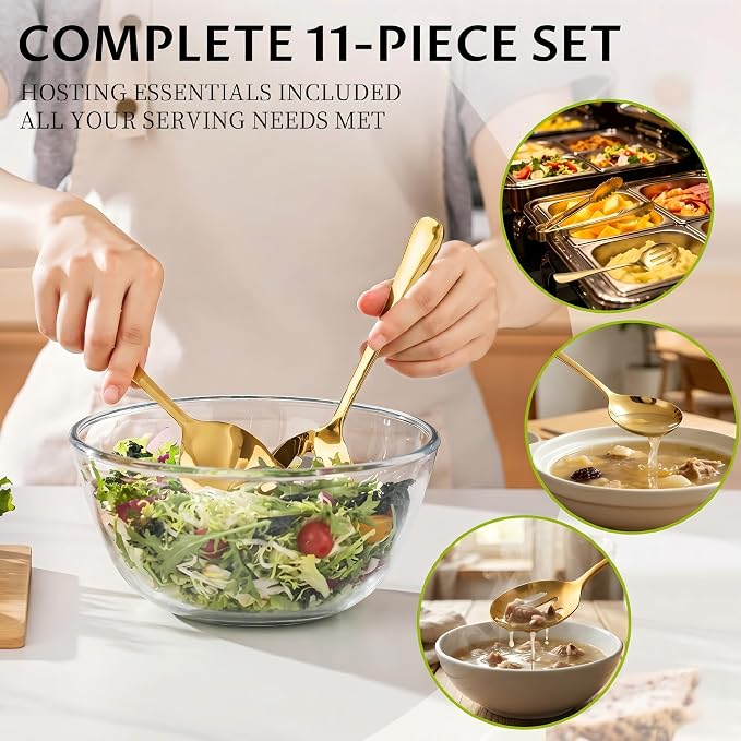 11PCS Stainless Steel Gold Serving Utensils, 8.7''Serving Spoons,8.7''Slotted Spoons, Serving Fork, 9'' Serving Tongs,Cake Server,Hostess Serving Set for Chafing Dish Buffet Catering Parties