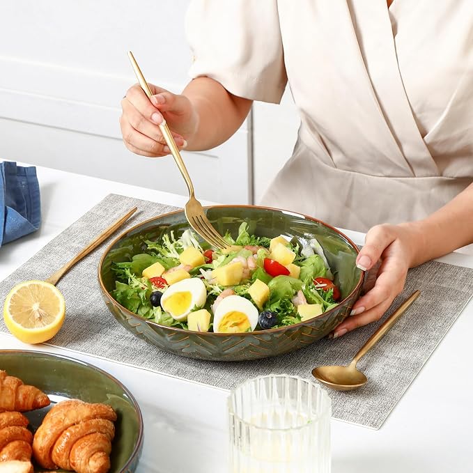 Sureasy 9.7" Pasta Bowls Set of 4, 42 oz Large Salad Bowls for Kitchen, Embossed Ceramic Serving Bowls for Fruits, Soup, Pasta and Salad, Microwave & Dishwasher Safe, Green