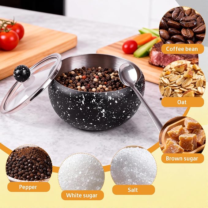 holoith Sugar Container with Glass Lid and Spoon, 16oz Snowflake pattern Stainless Steel Sugar Bowl for Coffee Bar Station Accessories Kitchen Storage for Salt, Candy, Coffee Bean (Black) | 16oz Snowflake pattern Stainless Steel Sugar Bowl for Coffee B...