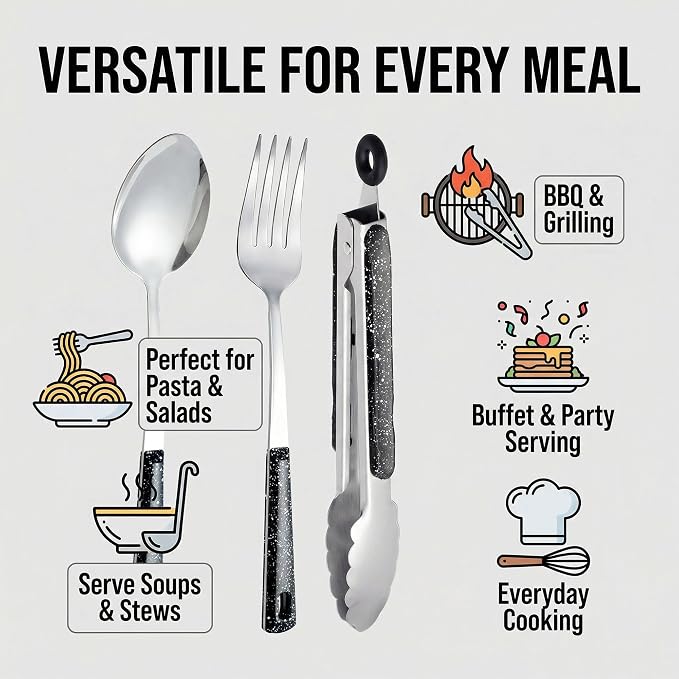 Stainless Steel Metal Serving Utensils Set | of Serving Spoons,Slotted Spoons,and Serving Tongs,serving fork,cake server,for Buffet,Soup,Rice,Commercial & Home Kitchen