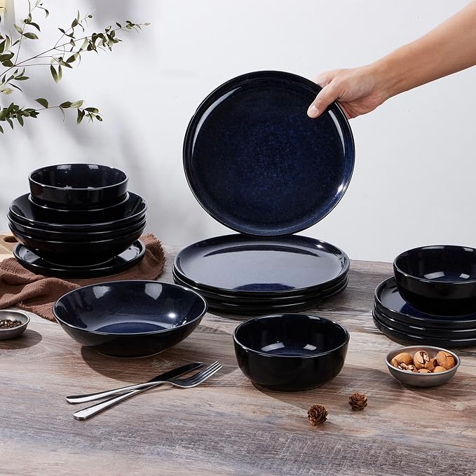 LIANYU Ceramic Plates and Bowls for 4, 12 Piece Dishes Sets, Midnight Blue | Modern Porcelain Dinnerware Set, Chip and Scratch Resistant Dishware Set, Dishwasher & Microwave Safe Stoneware Set