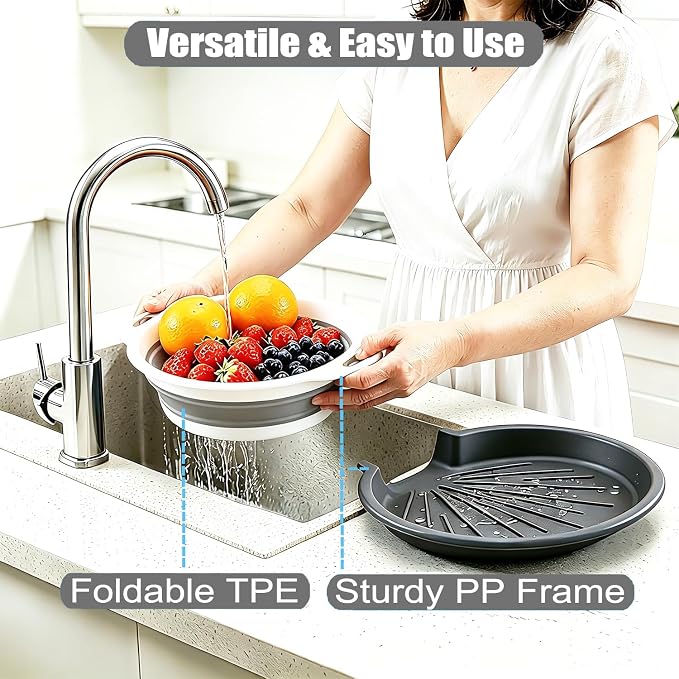 Collapsible Colanders Food Strainers, 3-Pack Foldable Kitchen Strainers with Over-Sink Water Draining Tray, Space Saving Kitchen Drainer for Vegetables, Fruit, Pasta and Rice (White-Gray)