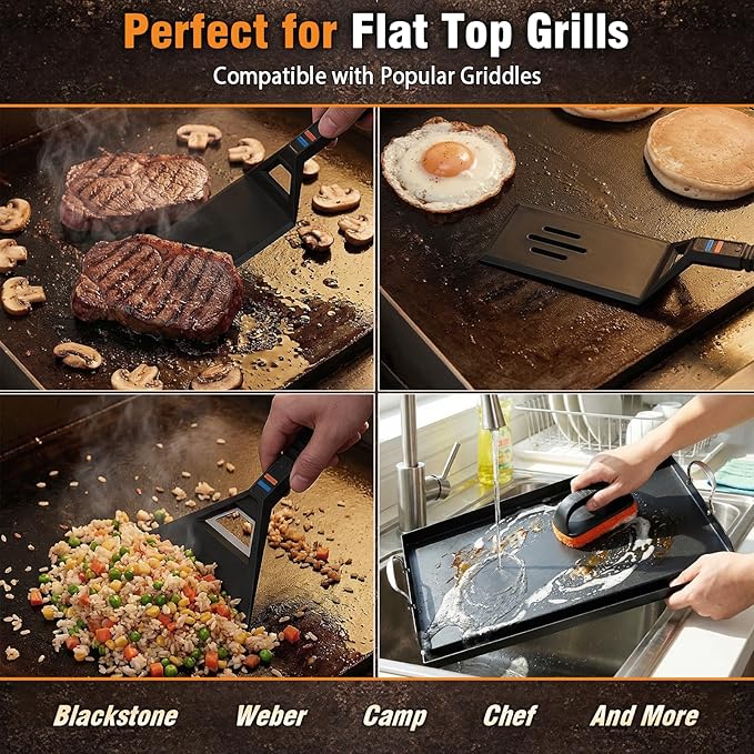 Utheer Reversible Griddle Kit, 16.5 x 10.5 Inch Cast Iron Flat Top | Includes scratch-safe nylon tools, dual-sided cooking surface works for stovetop, gas grill, camping and BBQ