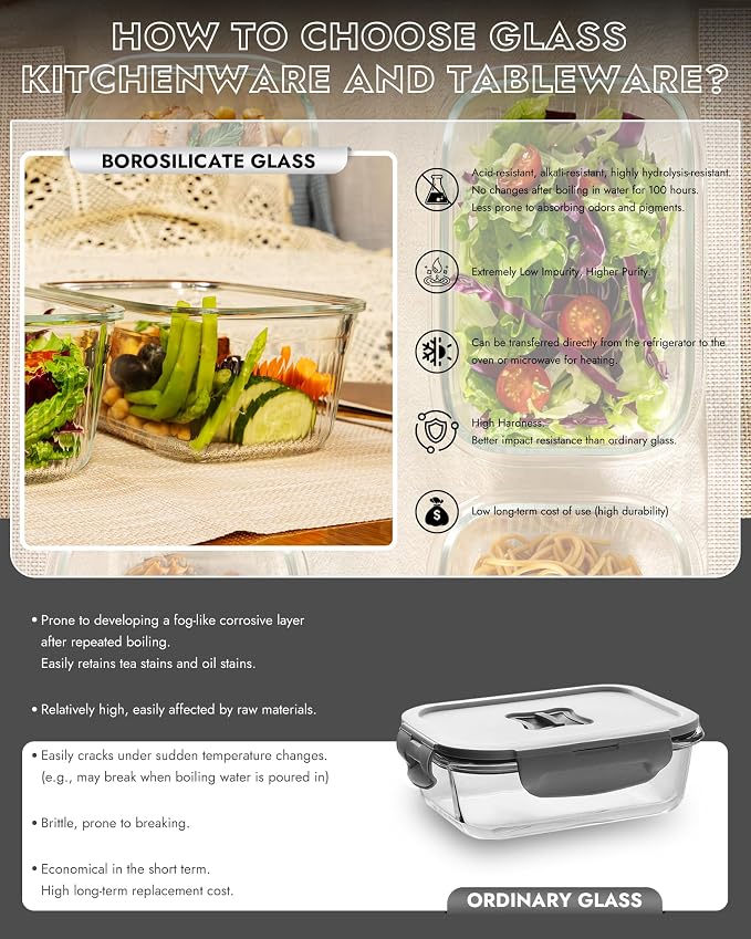 4-Pack Glass Food Storage Containers with Tempered Glass Lids, 2x 4.7 Cup & 2x 9.3 Cup, Airtight, Oven & Microwave Safe Borosilicate Glass (-4°F to 950°F)