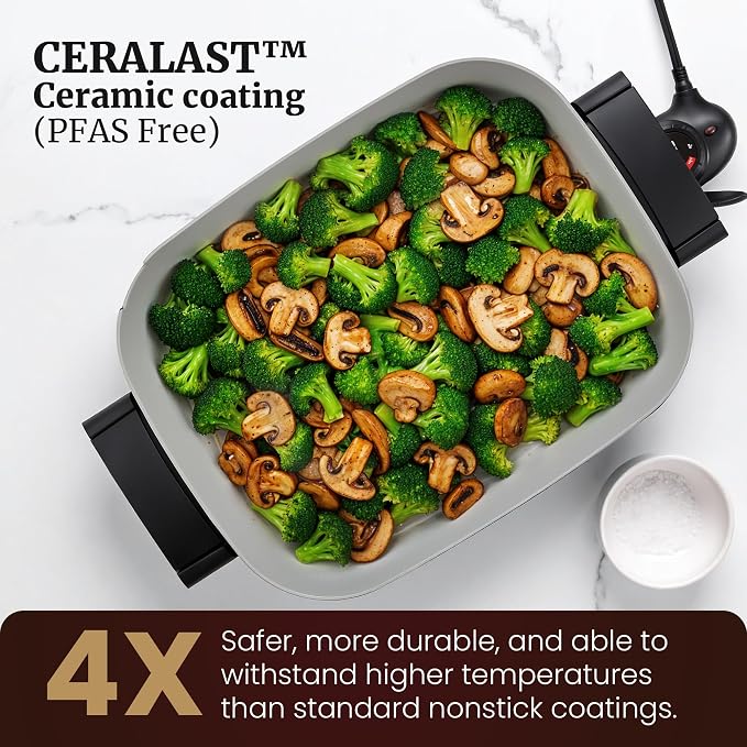 Elite Gourmet Stow-Away Ceramic Electric Skillet, 1500W, Black/Gray | PFAS-Free Ceralast Coating, Rapid Heat-Up, 15"x12"x3" Foldable Design, Dishwasher-Safe Pan & Lid, Large Size