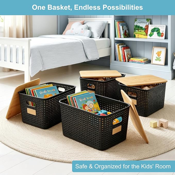 2 Pack Tall Plastic Storage Bins with Bamboo Lids, 10.8qt Stackable Storages Baskets for Organizing Desktop Closet Playroom Classroom Office, 12"L x 8.3"W x 6.1"H, Black