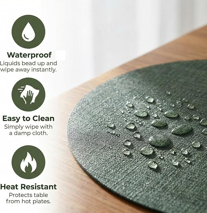 Placemats Set of 6 - Washable Heat Resistant Table Placemats - Wipeable Faux Leather Oval Place Mats, Waterproof Table Mats for Dining Table, Green