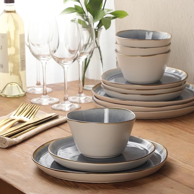 Gibson Elite Algeria River Plates and Bowls Sets, 12-Piece Stoneware Dinnerware Sets, Reactive Glaze Dish Set - Blue
