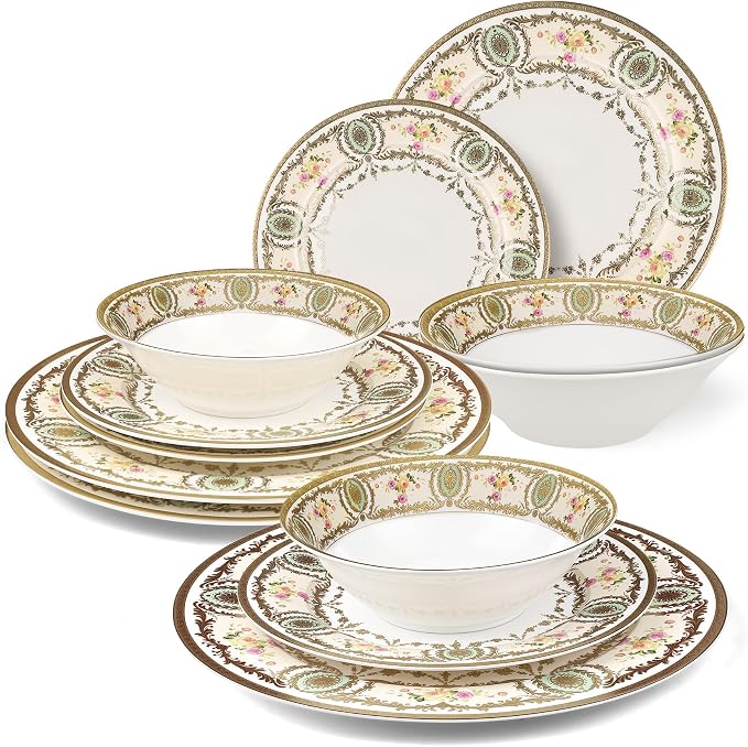 Dinnerware Set, 12 Piece Bone China Dinnerware Sets Service for 4, Plates and Bowls Set, Gold with Floral Trim