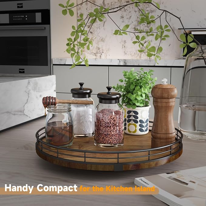 AMH 13-Inch Farmhouse Oak Lazy Susan Organizer, Walnut Finish | Smooth rotating oak tray with walnut finish for dining tables, kitchen counters, pantries and cabinet storage.