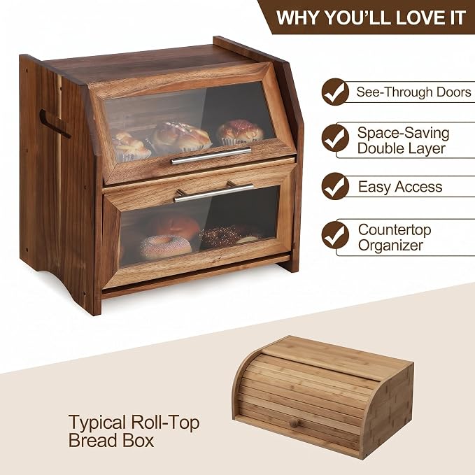 Garvee Acacia Wood Double Layer Bread Box, Clear Acrylic Door | Ventilation Design, Compact Countertop Organizer, Farmhouse/Country/Modern Kitchen Decor Styles