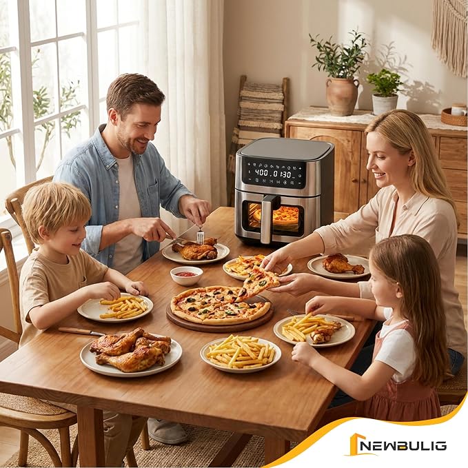 NEWBULIG Air Fryer 6.34QT Airfryer with Visible Window 400℉ Fast Heating Stainless Steel Air Fryers Oven with Nonstick and Dishwasher-Safe Basket 8-in-1 Cooking Preset with Timer Auto-Off