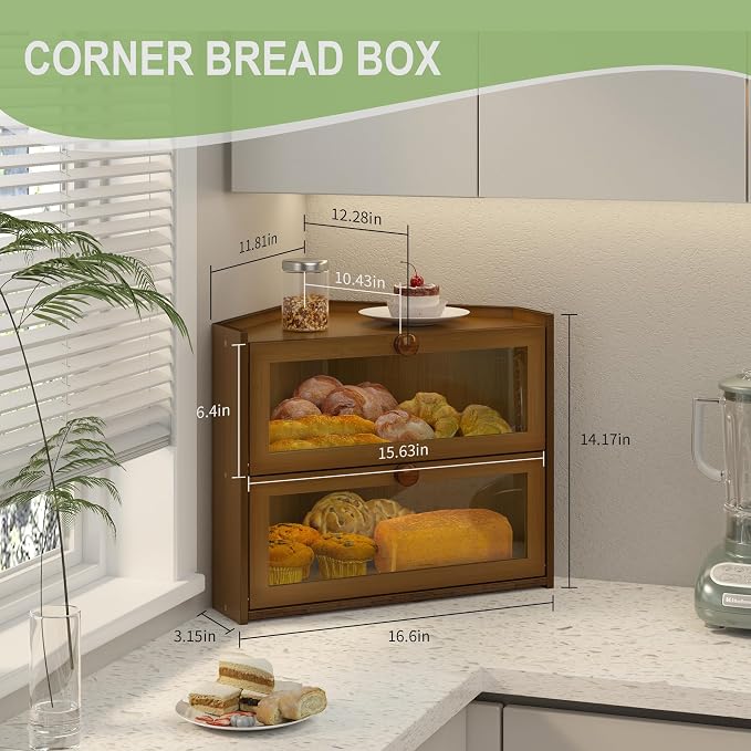 JANSNIMEN Corner Bread Box for Kitchen Countertop Bamboo Bread Holder Large | Large Capacity Bread Container Storage Wooden Farmhouse Breadbox (Brown, 16.6"L x 12.28"W x 14.17"H)