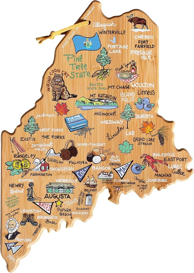 Totally Bamboo Maine State State Shaped Cutting Board, Art by Fish Kiss | State charcuterie board with colorful hand-drawn map artwork. Smooth reverse side for food prep. Hang tie for wall display.