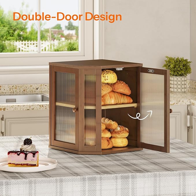 HOOBRO Bread Box, Bamboo Bread Box for Kitchen Countertop, 2-Tier Corner Bread Box, Large Capacity Bread Bin, Food Storage Box, Bread Storage Container for Kitchen, Dining Room, Brown BR12MB01