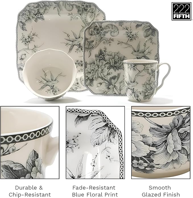 222 Fifth Adelaide Grey 16-Piece Floral Porcelain Dinnerware Set | Microwave and Dishwasher Safe Dining Set for 4 | Stackable and Chip-Resistant Plates Bowls and Cups | Gift for Housewarming & Wedding