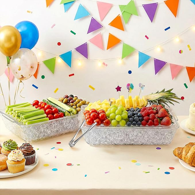 2 Pack Ice Chilled Serving Tray, Plastic Chilled Party Platter for Fruit, Veggie Trays Large Removable Serving Tray for Cold Dish, Ideal for Appetizers, Seafood, Desserts, Charcuterie Board
