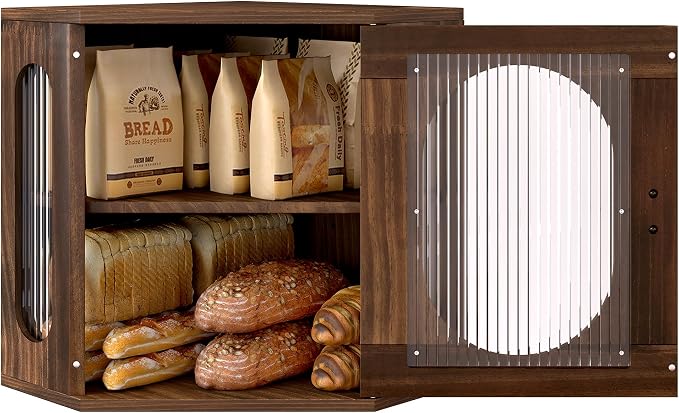 Alpeir Corner Bread Box for Kitchen Countertop, 3 Adjustable Height,Brown | Solid Pine Wood, Hold 2 Loaves, Strong Acrylic Window, Easily Care, Farmhouse Pantry Container for Home Baker, Family of 4