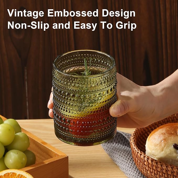 ZMOWIPDL 12oz & 15oz Hobnail Drinking Glasses,Green Glass Cups Set of 8 | Vintage Highball Glassware，Kitchen Drinkware，Embossed Water Tumbler,for Beer,Cocktail,Whiskey,Juice,Various Mixed Drinks