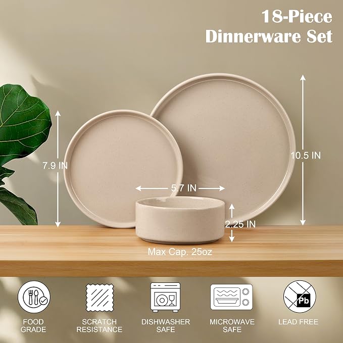 E-far Dinnerware Sets for 6, 18-Piece Stoneware Plates and Bowls Set, Khaki | Modern Kitchen Dining Dishware, Chip and Scratch Resistant, Microwave & Dishwasher Safe, Speckled Khaki
