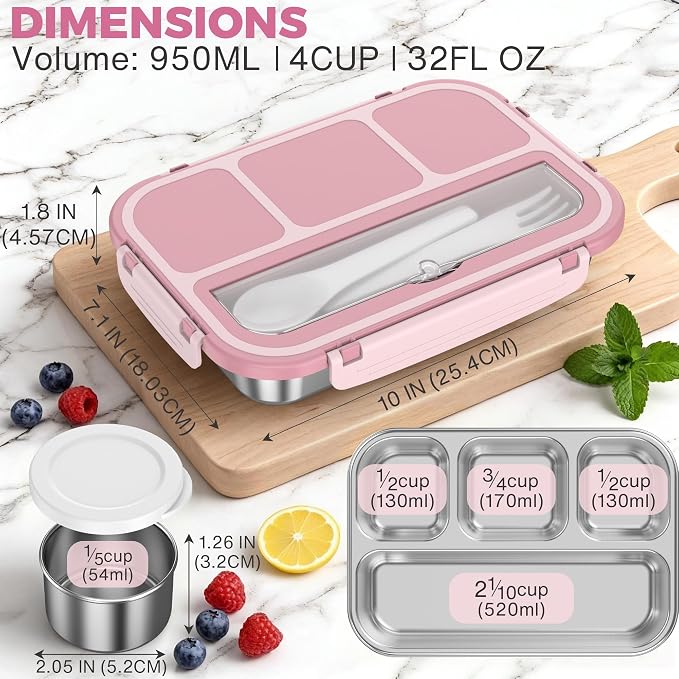 Stainless Steel Bento Box Adult Kids, Leakproof Metal Lunch Box Containers 4 Compartments, 32 Oz Reusable Food Storage Containers for Office and School, Pink