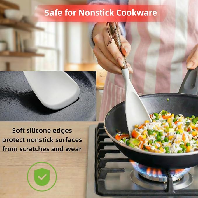 2-Pack Silicone Spoonula with Wooden Handle, BPA-Free Spatula Spoon for Nonstick Cookware, Heat Resistant Cooking Spoon for Mixing, Scraping, Scooping and Serving(White)