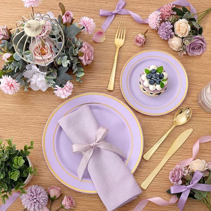 350PCS Purple Plates Disposable - Purple Plastic Plates 50Guests Lavender Disposable Dinnerware Sets with Rolled Napkins for Wedding/Birthday/Baby Shower/Bridal Shower