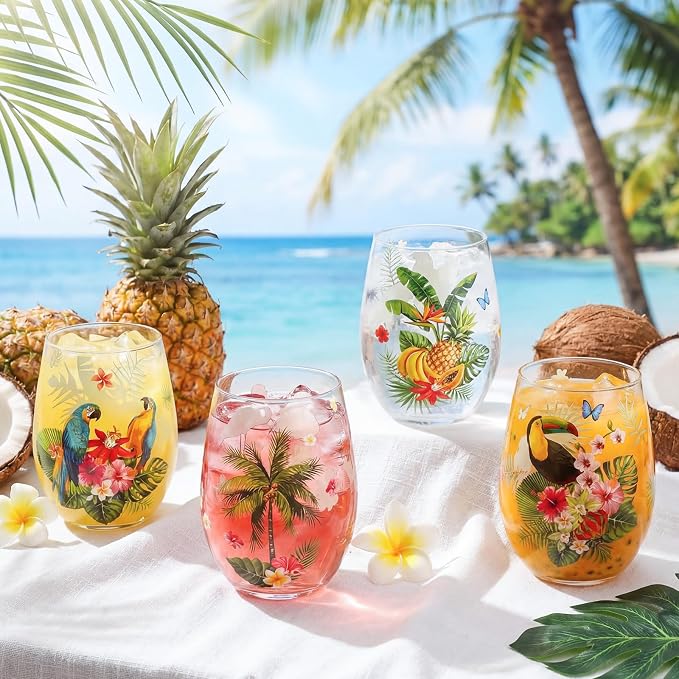 Nuogo 4 Set Summer Tropical Stemless Wine Glasses 17oz Flamingo Parrot Wine Tumblers Hawaii Colorful Flower Leaves Glass Cups Gift for Tiki Luau Party Pool Birthday