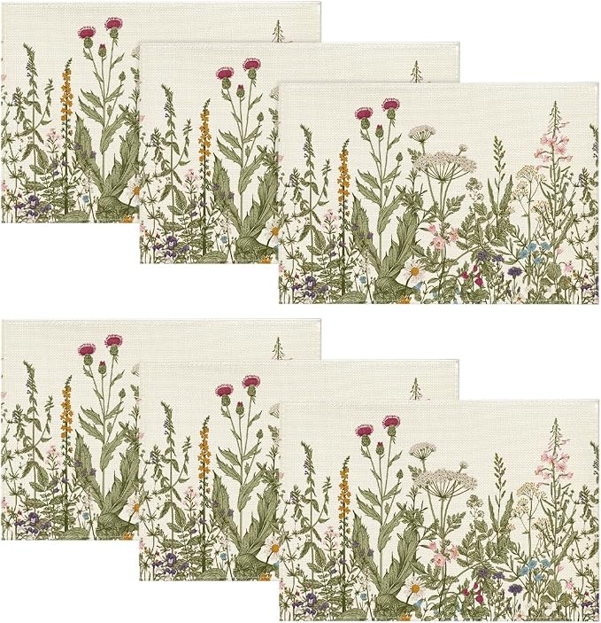 Artoid Mode Antique Herbs and Wild Flowers Spring Placemats Set of 6, 12x18 Inch Seasonal Summer Table Mats for Party Kitchen Dining Decoration