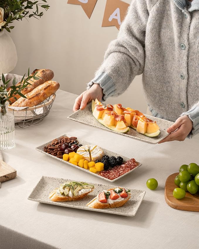LAUCHUH 3 Tier Serving Tray, Porcelain Serving Platters and Trays for Party | 12 Inch Tiered Tray Stand Cupcake Stand with Collapsible Sturdier Rack & 2 Cross Bars for Thanksgiving Day, Speckled Glaze