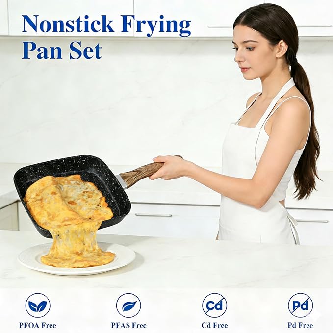 Simple Deluxe 3 Pieces Nonstick Grill Pan Set, Square Versatile Griddle Pans with Wooden Handle, Durable Skillet Indoor & Outdoor Use, All Stovetops Compatible(9.5", 10.2", 11"), PFOA Free, Black