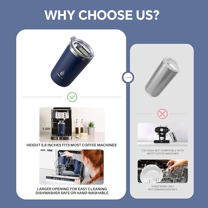 Ideus 20 oz Tumbler, Travel Coffee Mug with Splash Proof Sliding Lid, Double Wall Stainless Steel Vacuum Insulated Coffee Mug for Home and Office, Keep Beverages Hot or Cold, Navy blue