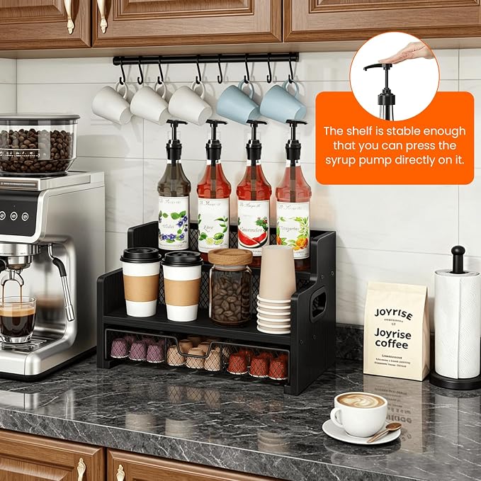 Coffee Syrup Organizer Rack, 3-Tier Syrup Holder Stand with 35 K Cup Storage Drawer, 8 Bottles Capacity, Wood Shelf Liquor Wine Rack for Coffee Bar Countertop, Black
