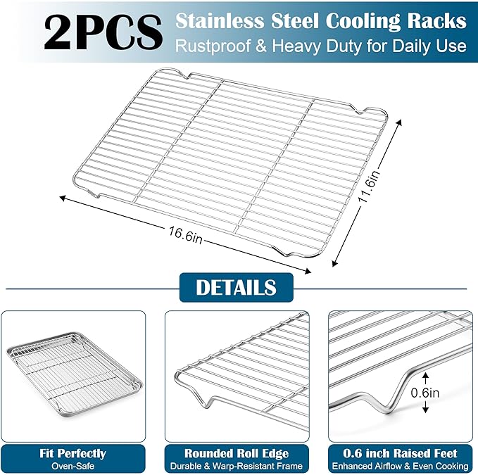 E-far Half Baking Sheet with Wire Rack, Stainless Steel 2 Pans + 2 Racks | 18 x 13 Inch Cookie Sheets Pan & Cooling Rack for Baking Cookies Cake, Non Toxic & Heavy Duty, Oven & Dishwasher Safe
