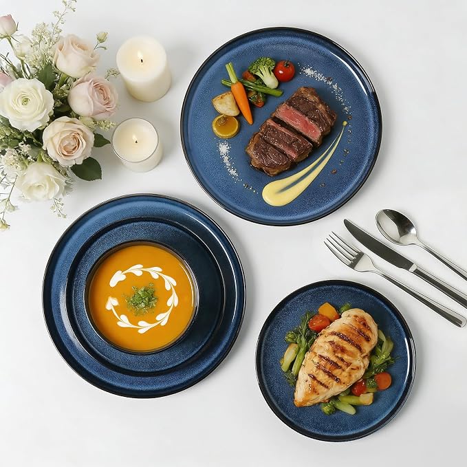 Stoneware Dinnerware Sets for 4, 12Pcs Plates and Bowls Set, Midnight Blue | Handmade Reactive Glaze Ceramic Dishes, Microwave and Dishwasher Safe, Modern Minimalist Ribbed Tableware for Everyday Use