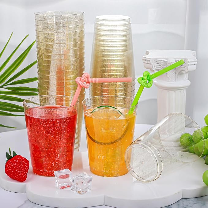 I00000 200pcs Gold Plastic Cups - 10 OZ Hard Gold Glitter Disposable Cups For Cocktail And Drinking - Premium Disposable Plastic Cup with Gold Glitter For Fancy Elegant Party Cup