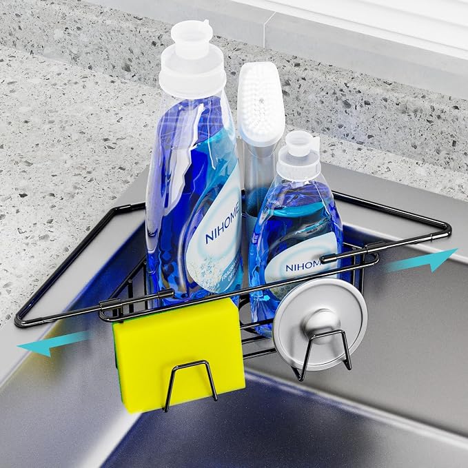 NiHome Sponge Holder for Kitchen Sink, Adjustable Corner Caddy, Black | Rustproof 304 Stainless Steel Storage with Extendable Arms and Open Drainage for Rapid Drying of Brushes and Soap Bars