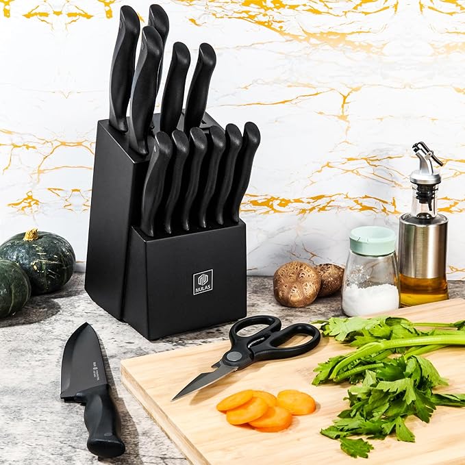 15-Piece Kitchen Knife Set with Block and Built-In Sharpener, Black | High-carbon stainless steel blades, nonstick coating, ergonomic handles and dishwasher-safe care