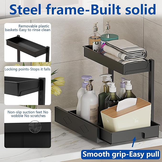 BLULEE 2 Pack Under Sink Organizer, Adjustable Pull Out Storage Rack | L-Shaped Set of 2 Sliding Bathroom Vanity & Kitchen Shelf, Bypasses Pipes, Heavy Duty Metal Frame Fits Tall Bottles