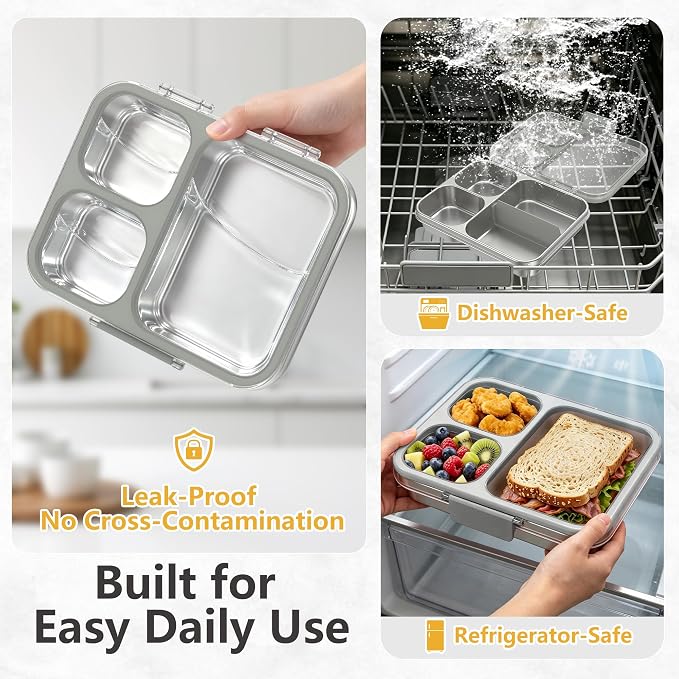 LOHASOK Stainless Steel Bento Lunch Box, 34oz/1000ml,Gray | 3-Compartment, Leak Proof, Lightweight, Clear Plastic Lid, for Kids Adults, BPA/BPS Free, Dishwasher Safe