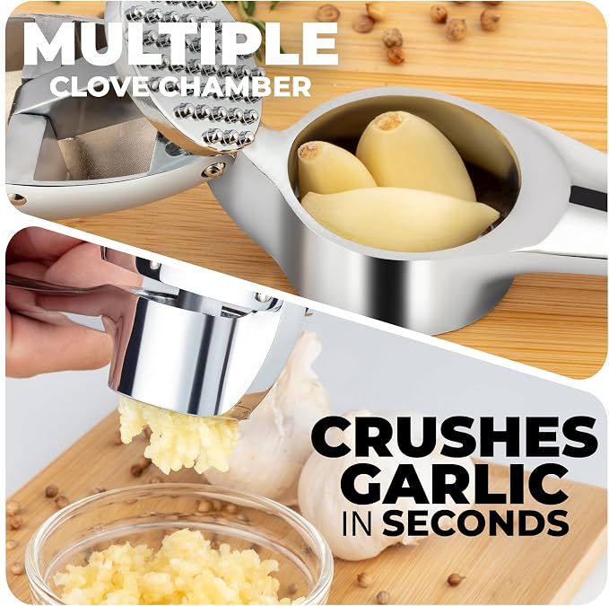 Zulay Kitchen Large Premium Garlic Press Set – Rust Proof & Dishwasher Safe, Bigger Bowl Garlic Mincer Tool with Silicone Garlic Peeler & Brush, Easy Squeeze & Clean, Ergonomic Handle - Chrome