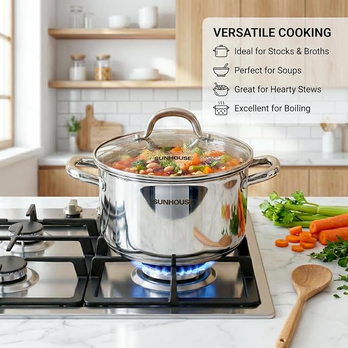 SUNHOUSE Whole-Clad 12 Quart Stainless Steel Stock Pot with Lid | Premium Whole-Body Clad Sweet-Spot Pot for Large Hot Pot, Big-Batch Broth & Crawfish Boil - Induction Compatible, Oven Safe
