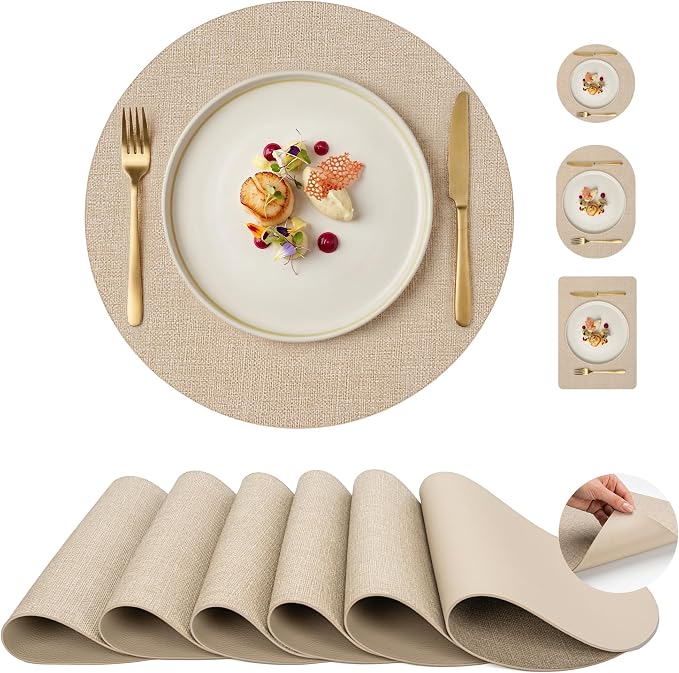 Faux Leather Placemats Set of 6, Wipeable Waterproof Stain Resistant Table Mats, Heat Resistant Thick Placemats with Hand-Painted Edges for Kitchen Dining, Imitative Linen Texture, Various Shapes