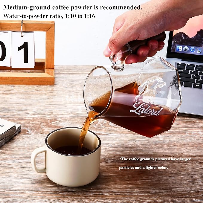 Lalord Pour Over Coffee Maker, 600ml/20oz Borosilicate Glass Set, 100 Paper Filters, Walnut Collar & Glass Lid, 1-3 Cups, Clear (B-600ml Set)