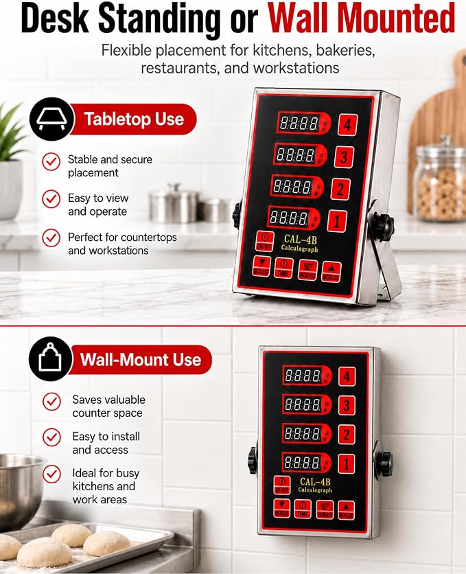 Commercial 4 Channels Digital Kitchen Timer, Stainless Steel Calculagraph Timer with Loud Alarm for Restaurant, Clock Reminder on Multiple Events